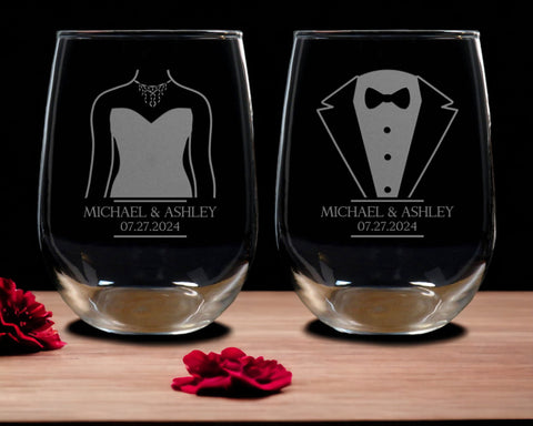 Bride and Groom Stemless Wine Glass - Copyright Hues in Glass