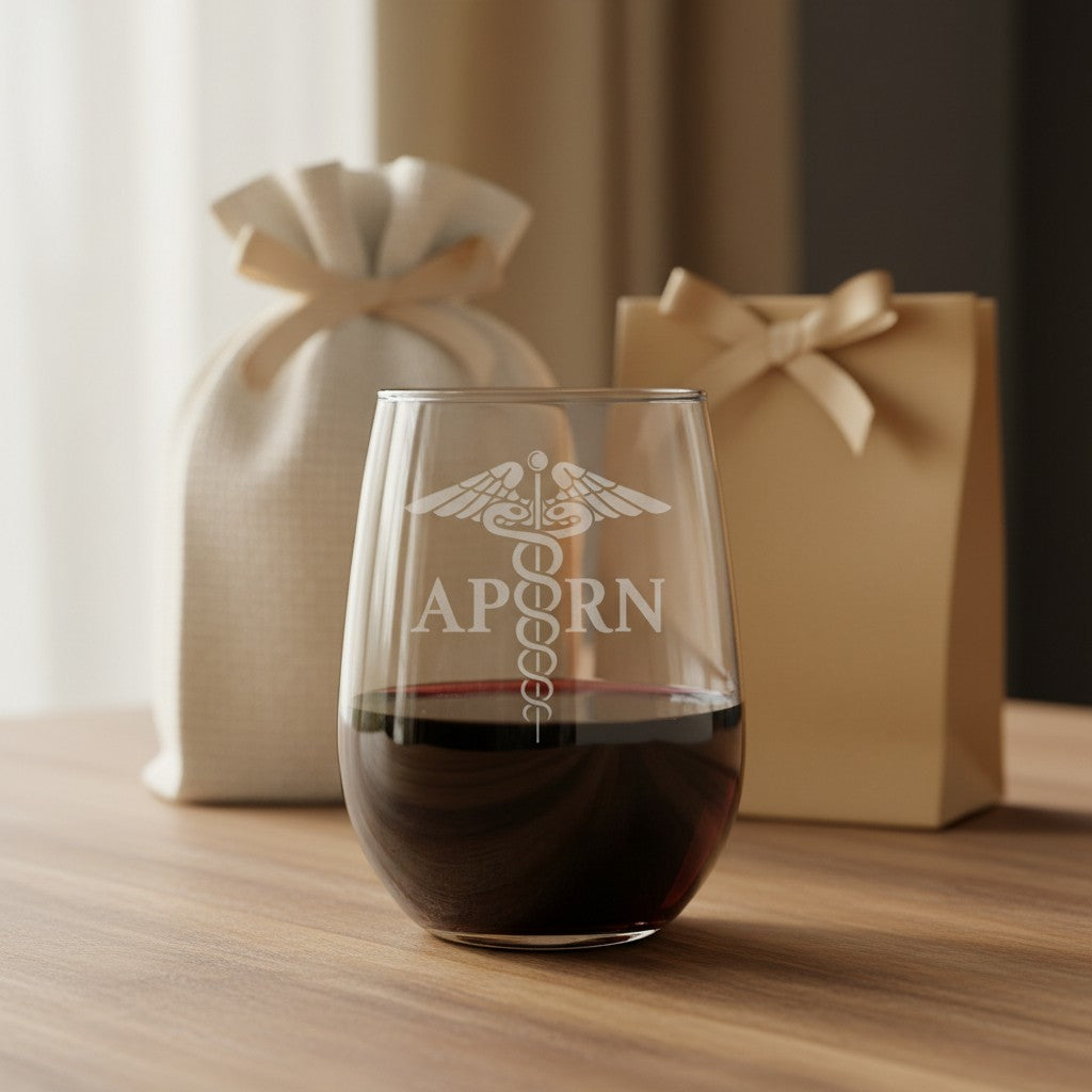 A clear stemless wine glass filled with red wine, etched caduceus symbol and the text 'APRN', set on a wooden table with a beige drawstring pouch and a brown gift bag in the background.