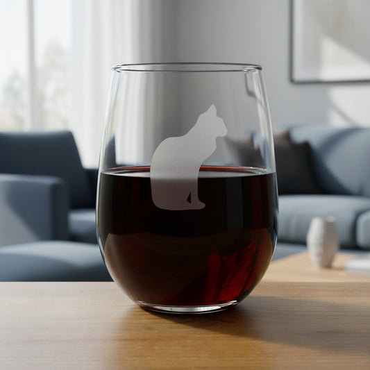 A clear stemless wine glass with a gray cat silhouette design on the front, resting on a wooden surface with a living room in the background.
