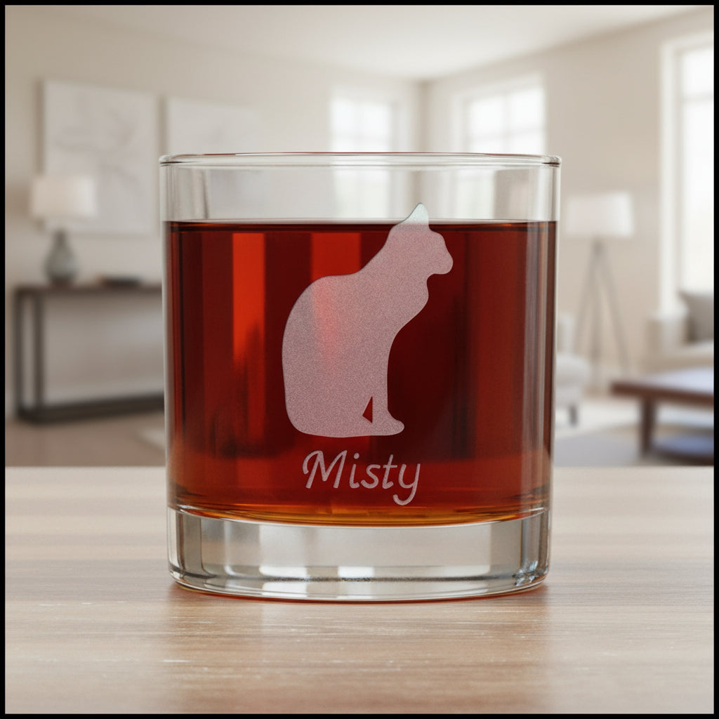 A clear glass rocks tumbler filled with an amber-red drink, featuring an etched  cat silhouette and the name 'Misty' on the front
