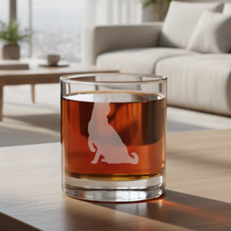 A clear rocks glass filled with amber-red liquid, featuring an etched cat silhouette on the side.
