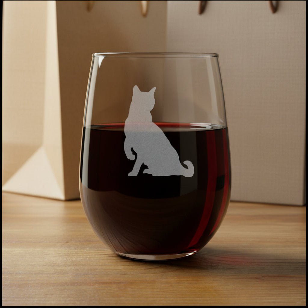 A clear stemless wine glass with a gray etched silhouette of a sitting cat, displayed on a wooden surface 
