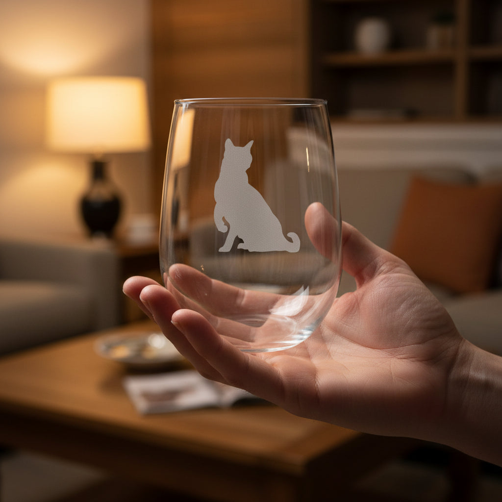 A hand holds a clear stemless wine glass with a gray etched silhouette of a sitting cat.