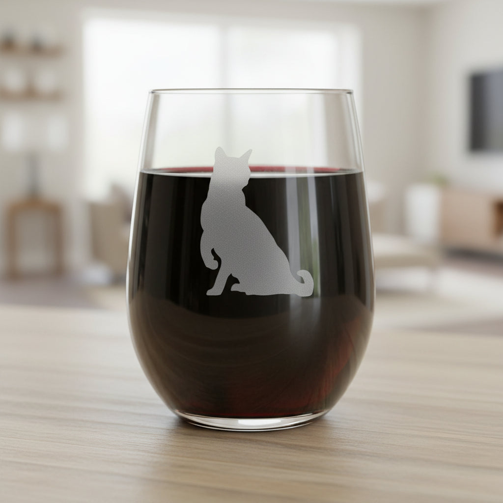 A clear stemless wine glass with a gray etched silhouette of a sitting cat, displayed on a wooden surface against a living room background.