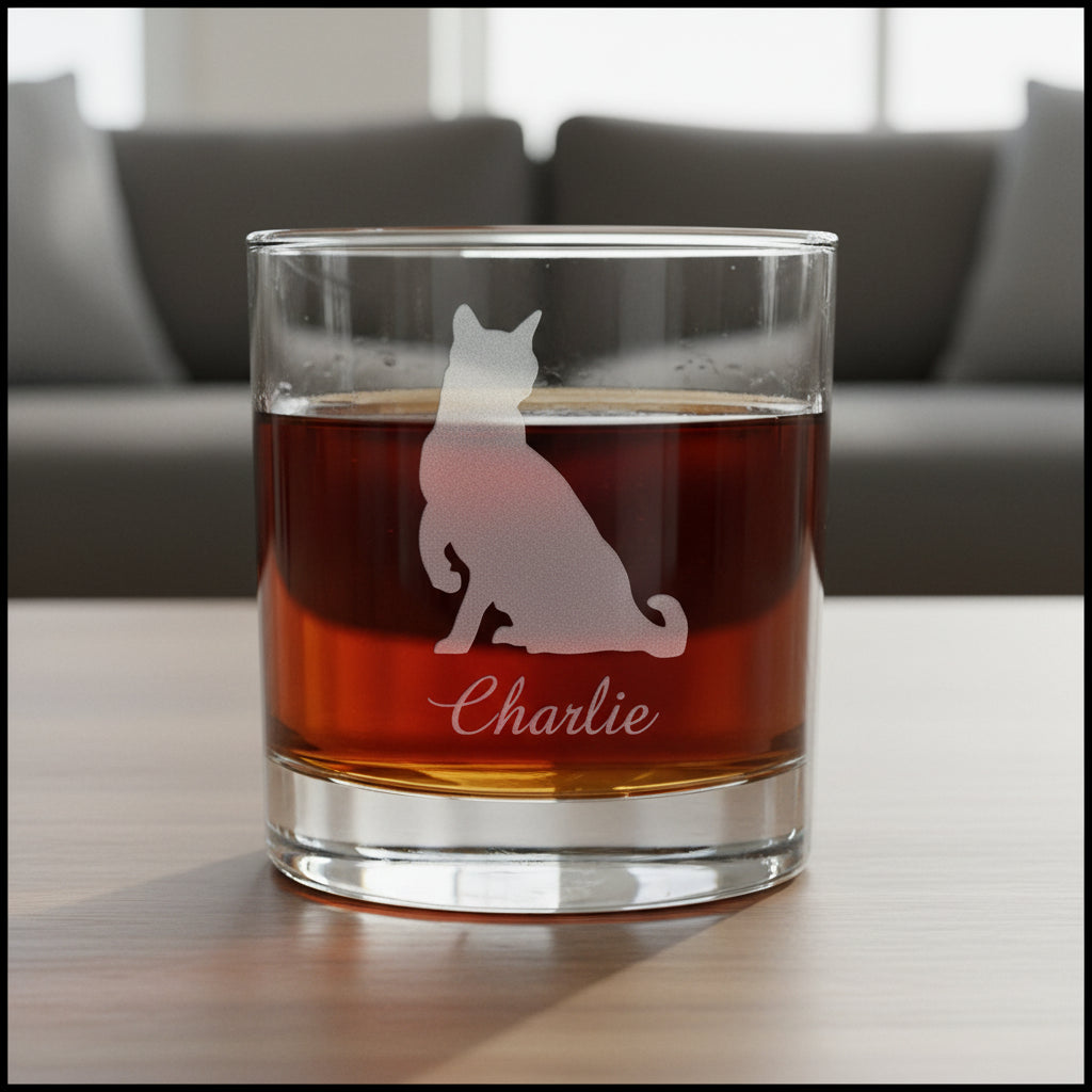 A clear rocks glass filled with an amber-red liquid, featuring an etched cat silhouette and the name 'Charlie' in script near the bottom