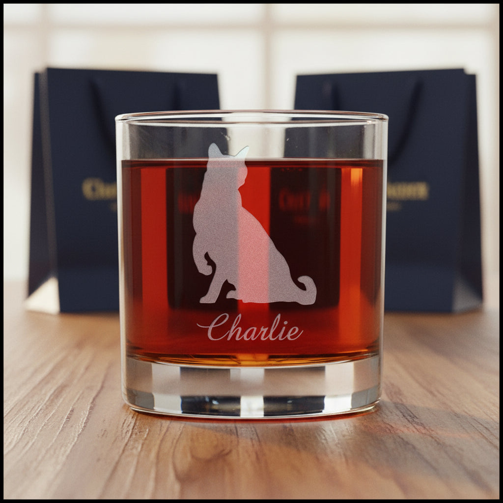 A clear rocks glass filled with an amber-red liquid, featuring an etched cat silhouette and the name 'Charlie' in script near the bottom.