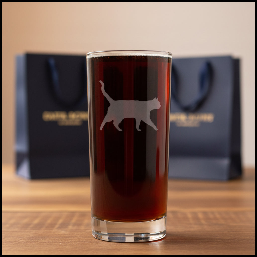 A clear pint glass filled with dark beer, featuring a white frosted cat silhouette on the front, gift bags in the background.