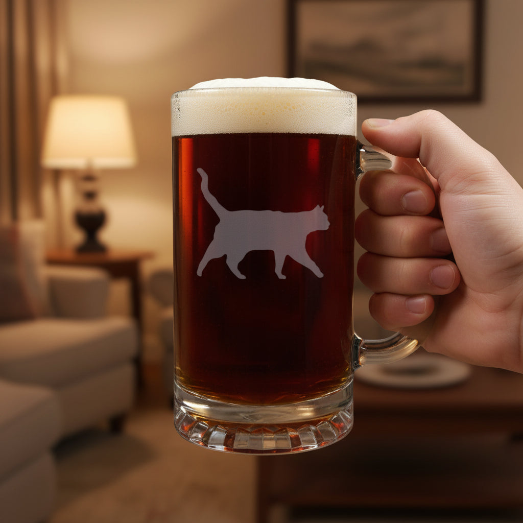 A clear glass beer mug filled with dark beer and topped with white foam, featuring a cat silhouette etched on the front, set on a light wood surface against a black background.