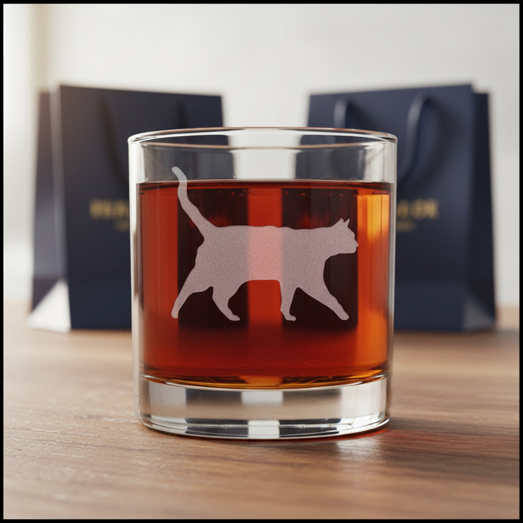 A clear rocks glass filled with an amber-red liquid, featuring a frosted white cat silhouette design on the front, set against two gift bags background.