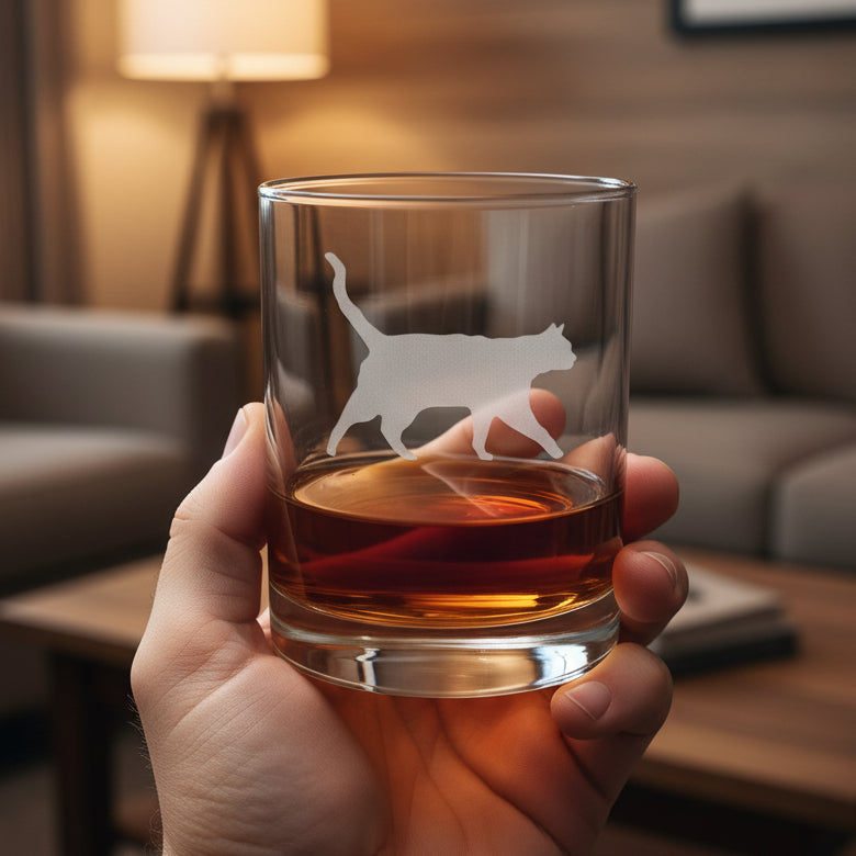 A clear glass rocks tumbler with a cat silhouette etched on the front, partially filled with amber whiskey, set on a light wood surface against a living room.