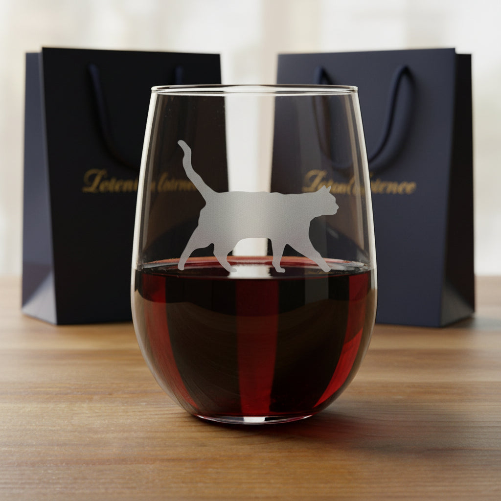 A clear stemless wine glass with a cat silhouette etched on the front, shown standing on a wooden surface with two gift bags in the background.