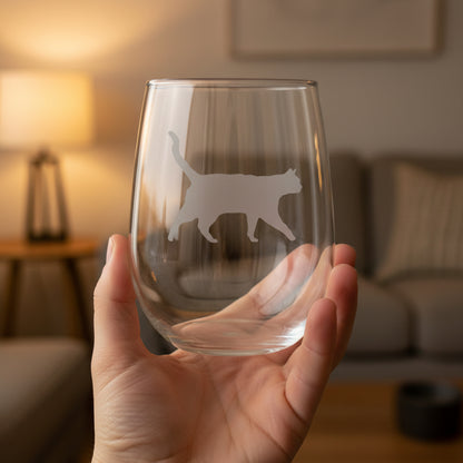 A hand holding a clear stemless wine glass with a stalking cat silhouette etched on the front.