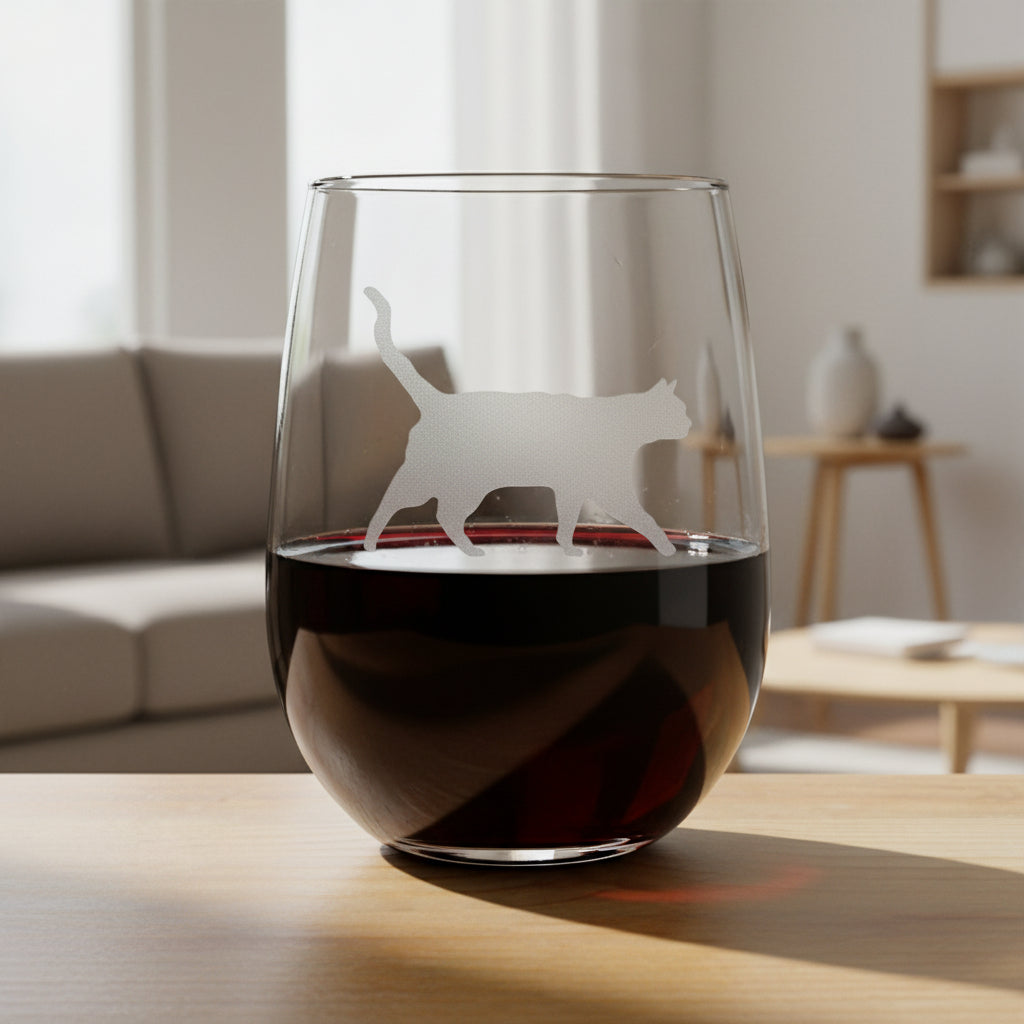 A clear stemless wine glass with an stalking cat silhouette etched on the front, shown standing on a wooden surface against a living room.
