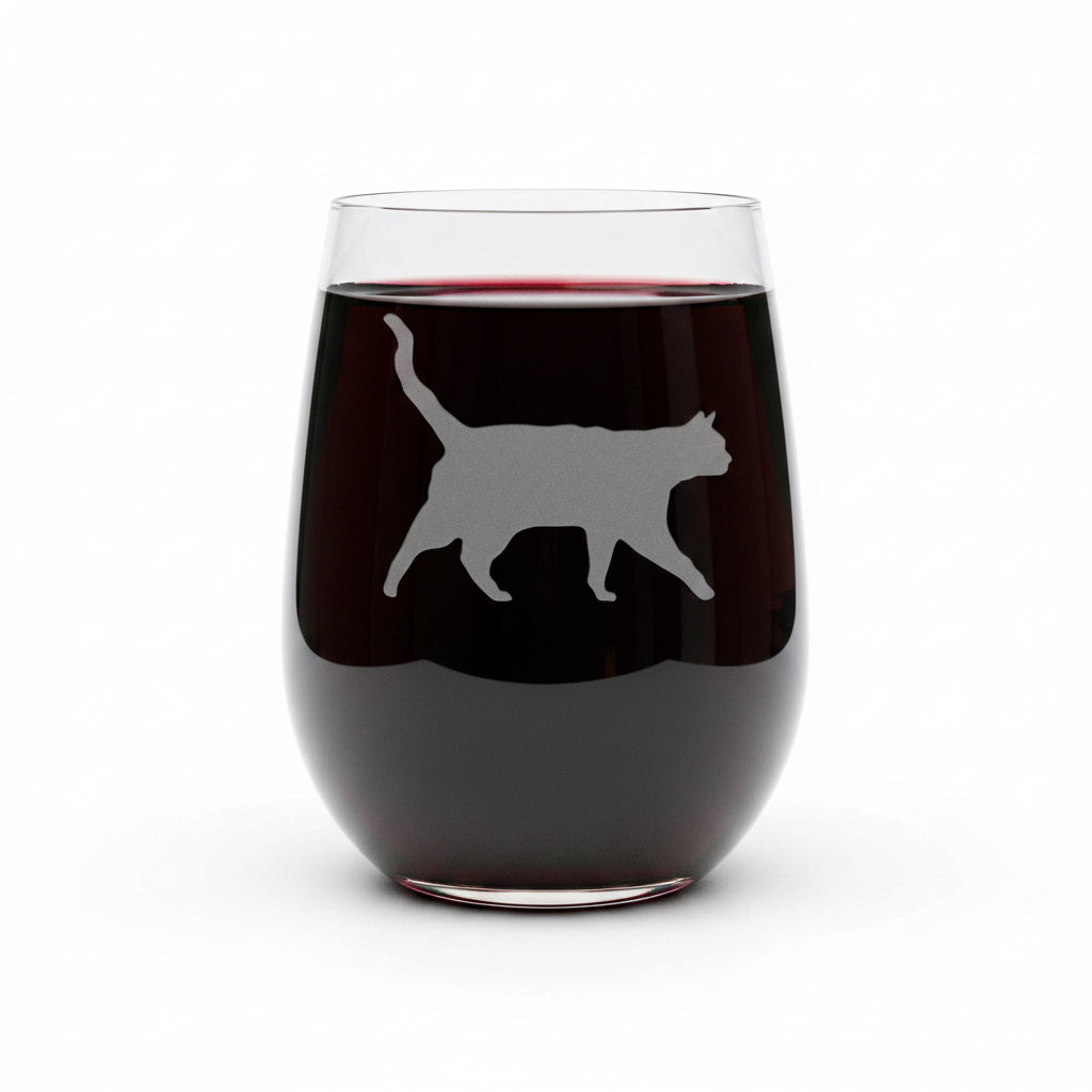 17oz stemless wine glass with etched image of stalking cat against a white backround