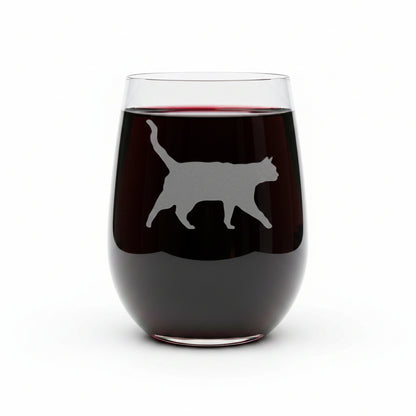 17oz stemless wine glass with etched image of stalking cat against a white backround