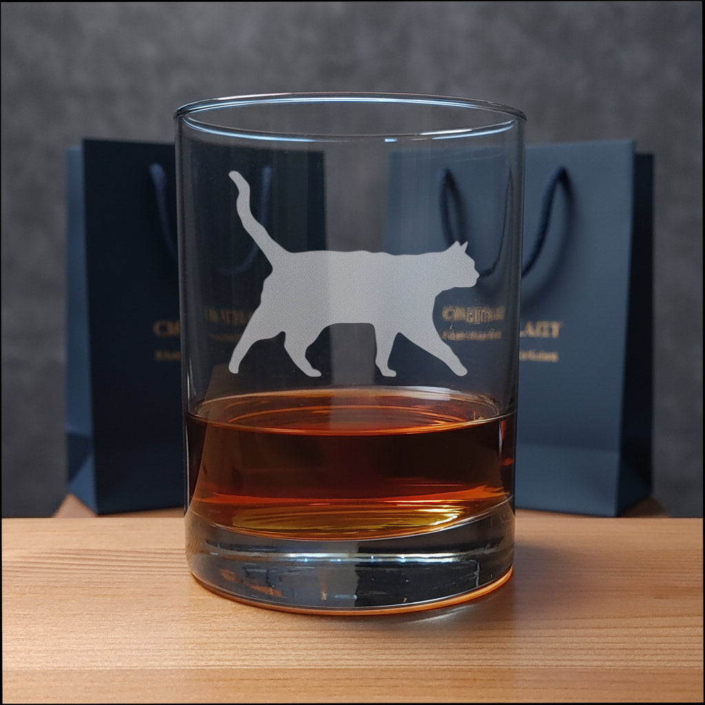 A clear glass rocks tumbler with a cat silhouette etched on the front, partially filled with amber whiskey, set on a light wood surface with two gift bags in the background.