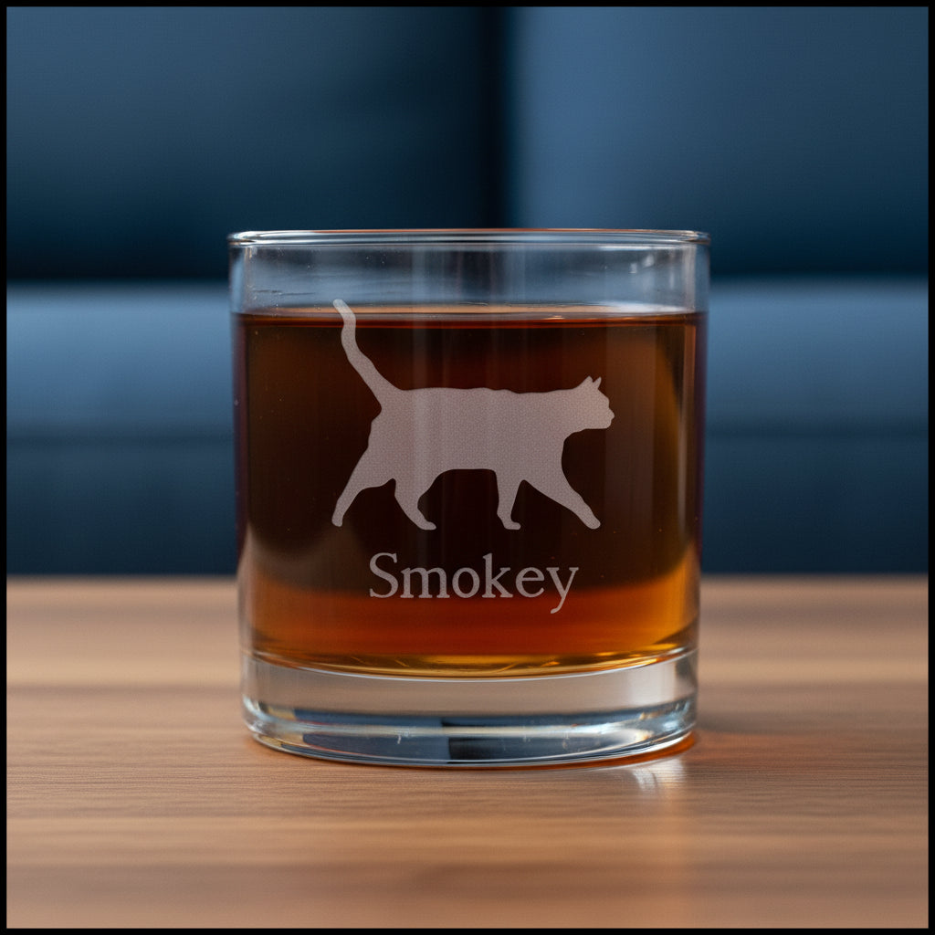 A clear glass rocks tumbler filled with amber-red liquid, featuring an etched silhouette of a walking cat and the name 'Smokey' on the front, set against a blue couch.