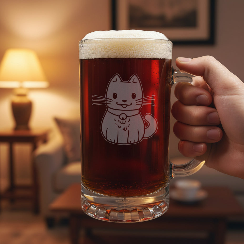 A clear glass beer mug filled with dark beer and topped with white foam, featuring anetched cute cat design on the front, set on a wooden surface against a living room in the background.