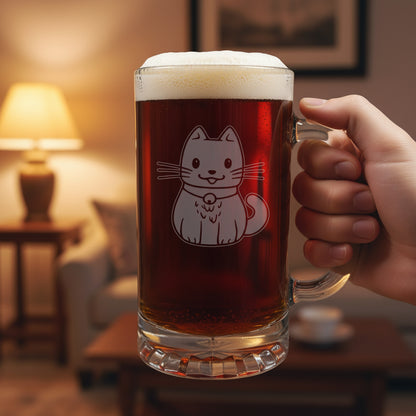 A clear glass beer mug filled with dark beer and topped with white foam, featuring anetched cute cat design on the front, set on a wooden surface against a living room in the background.