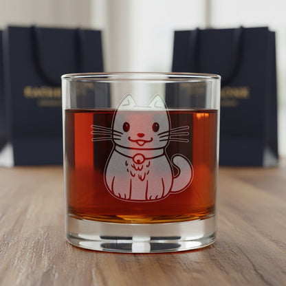 A clear glass rocks tumbler filled with a dark red liquid, featuring an etched design of a cat wearing a collar on the front. Gift bags behind glass