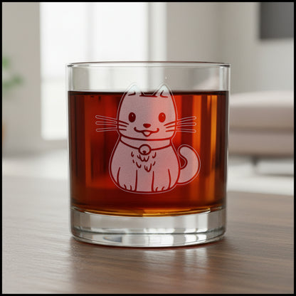 A clear glass rocks tumbler filled with a dark red liquid, featuring an etched design of a cat wearing a collar on the front. 