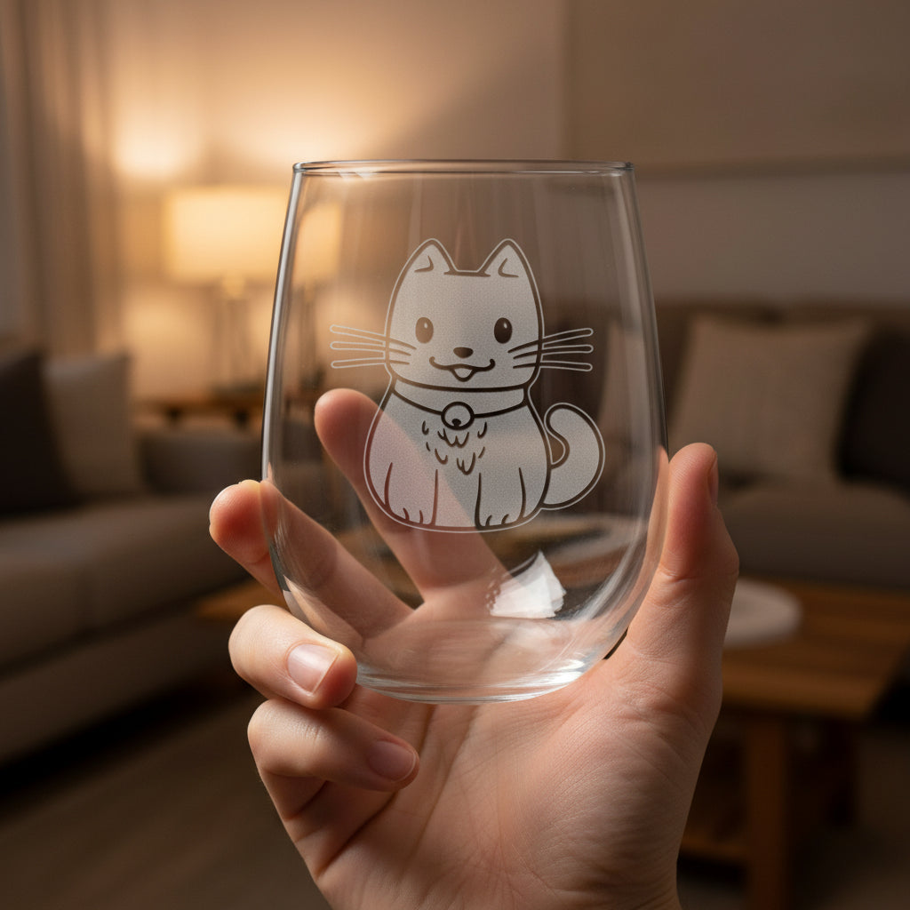 A hand holding a clear stemless wine glass with an etched cute cat design on the front, set on a wooden surface against a living room.