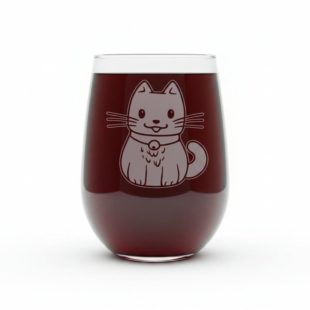A clear stemless wine glass with an etched cute cat illustration on the front, set on a wooden surface against a solid white background.