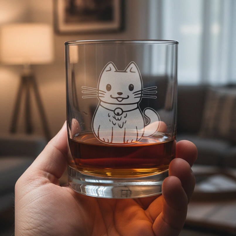 A Hand holds clear glass rocks tumbler with an etched design  of a cute cat wearing a bell, shown filled with amber whiskey on a wooden surface.