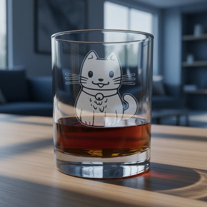 A clear glass rocks tumbler with an etched design  of a cute cat wearing a bell, shown filled with amber whiskey on a wooden surface with a living room in the background