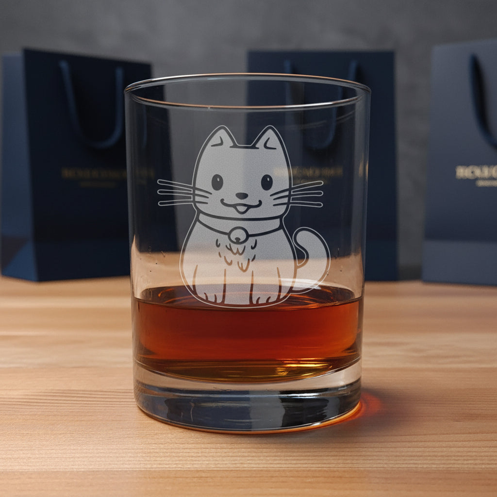 A clear glass rocks tumbler with an etched design  of a cute cat wearing a bell, shown filled with amber whiskey on a wooden surface with gift bags in the background background.
