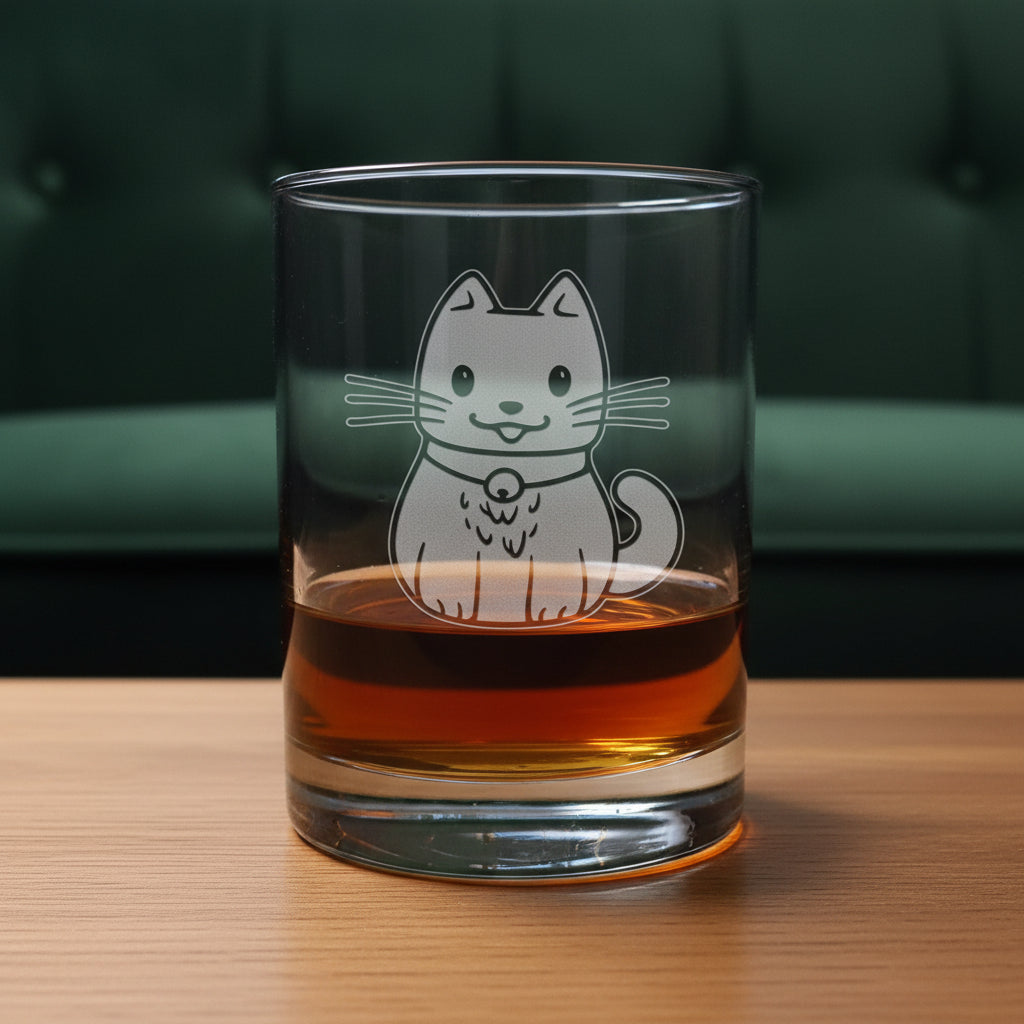A clear glass rocks tumbler with an etched design  of a cute cat wearing a bell, shown filled with amber whiskey on a wooden surface with a green couch in the background