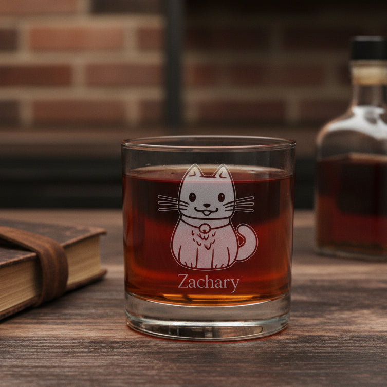 A clear rocks glass filled with a dark red drink, featuring an etched  cat design and the name 'Zachary' on the front, set against a brick  background with a bottle of liquor to the right and a book to the left.