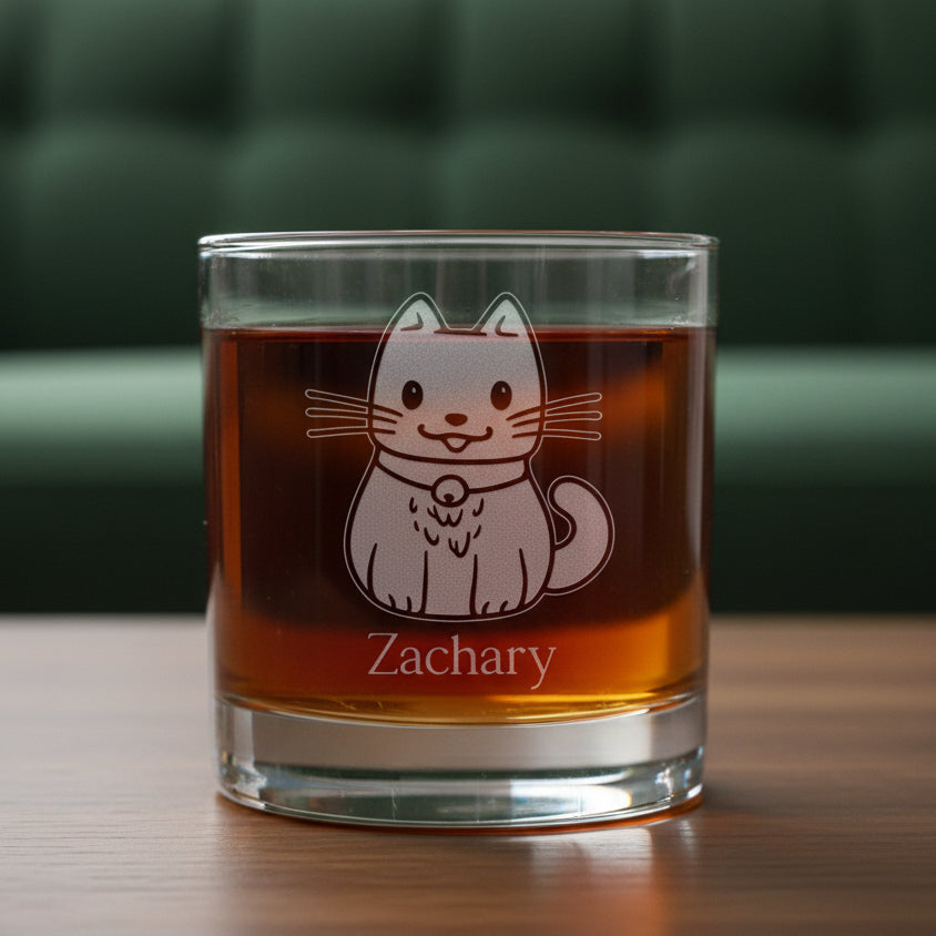 A clear rocks glass filled with a dark red drink, featuring an etched cat design and the name 'Zachary' on the front, set against a green couch.