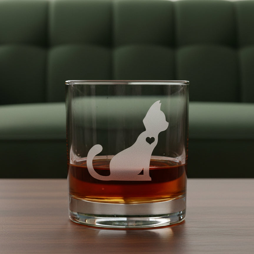 A clear glass rocks tumbler filled with amber-red liquid, featuring anetched cat silhouette with a small heart on the side.