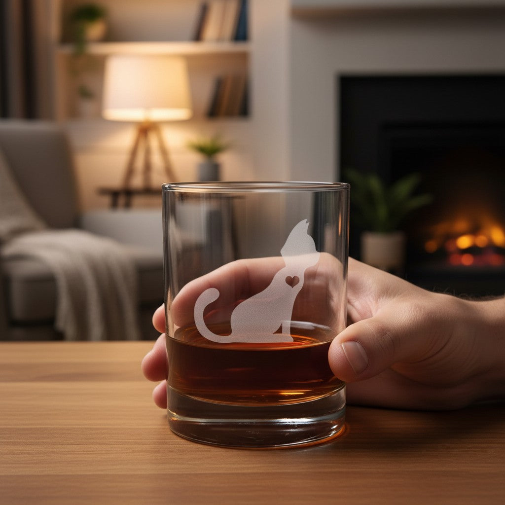 A hand holds a clear rocks glass with an etched cat silhouette and heart design, filled with amber liquor, set against a cozy living room background with a fireplace and lamp.