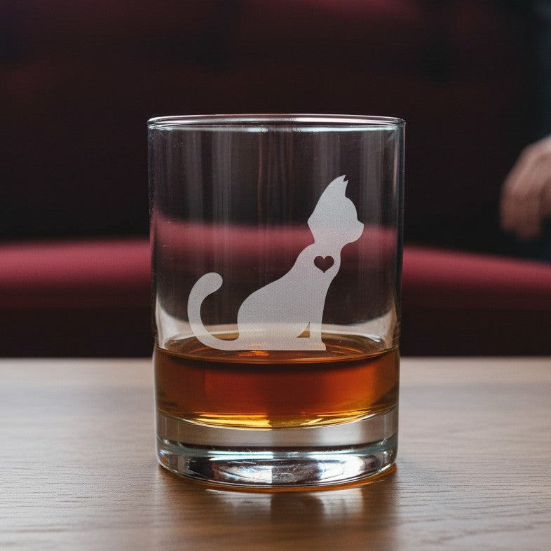 A clear rocks glass with a white etched cat silhouette and small heart, partially filled with amber whiskey, sitting on a wooden table with a blurred red couch and person in the background.