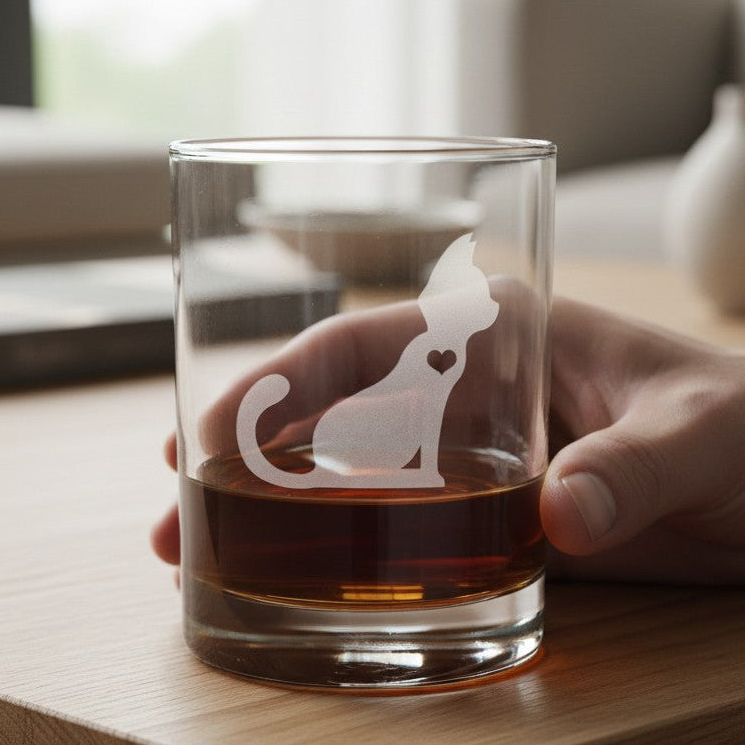 Cat with Heart 13oz Whiskey Glass - Hand Sand Etched Gift for Cat Lovers