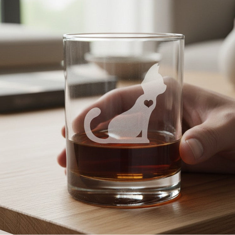 Cat with Heart 13oz Whiskey Glass - Hand Sand Etched Gift for Cat Lovers