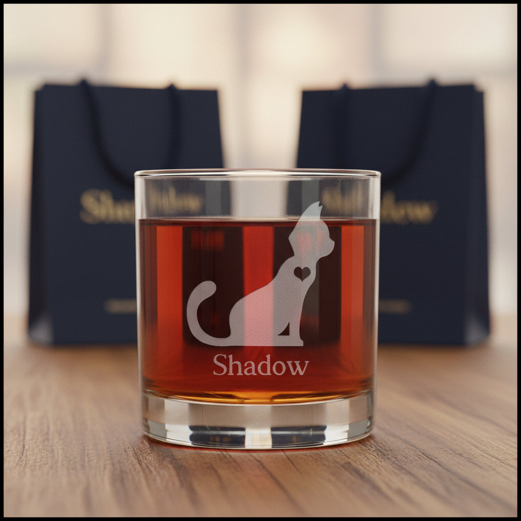 A clear glass rocks tumbler filled with a dark red drink, featuring an etched cat silhouette with a heart and the name 'Shadow' below it.