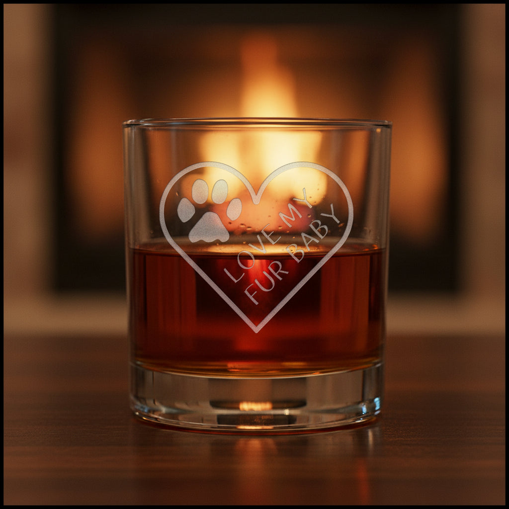 A clear glass rocks tumbler filled with amber liquid, featuring an etched white heart design with a paw print and the words 'LOVE MY FUR BABY' on the front, set against a fire in the background.