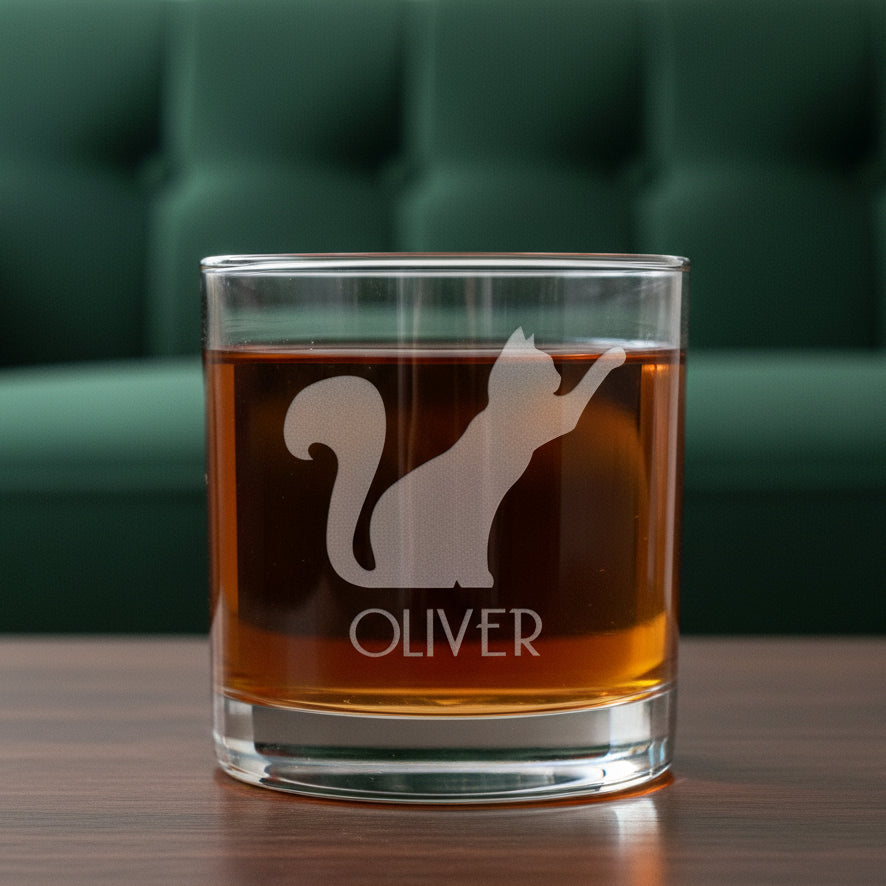 A clear glass rocks tumbler filled with amber liquid, featuring an etched silhouette of a cat and the name OLIVER on the front, set against a textured gray background.