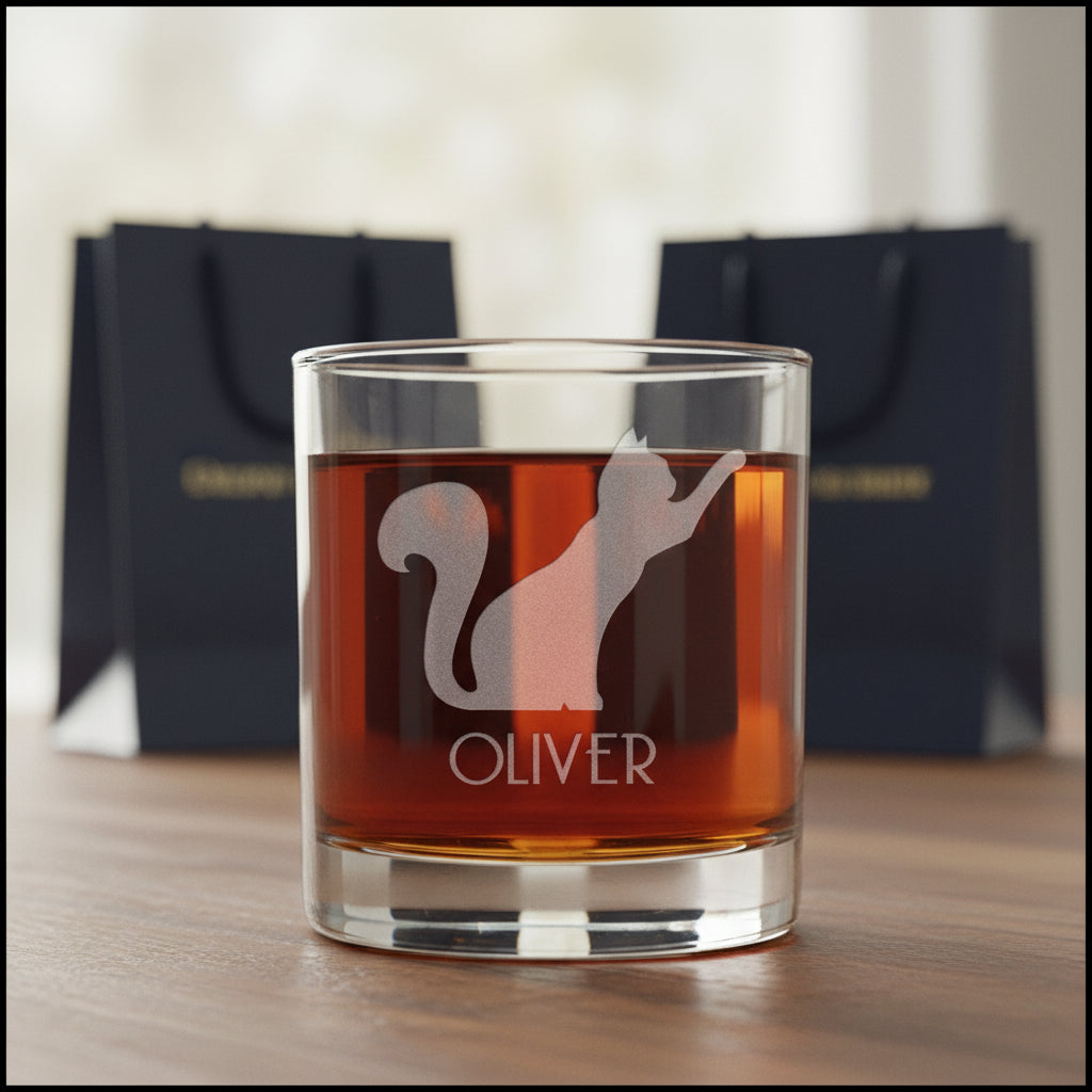 A clear glass rocks tumbler filled with amber liquid, featuring an etched silhouette of a cat and the name OLIVER on the front, set against gift bags