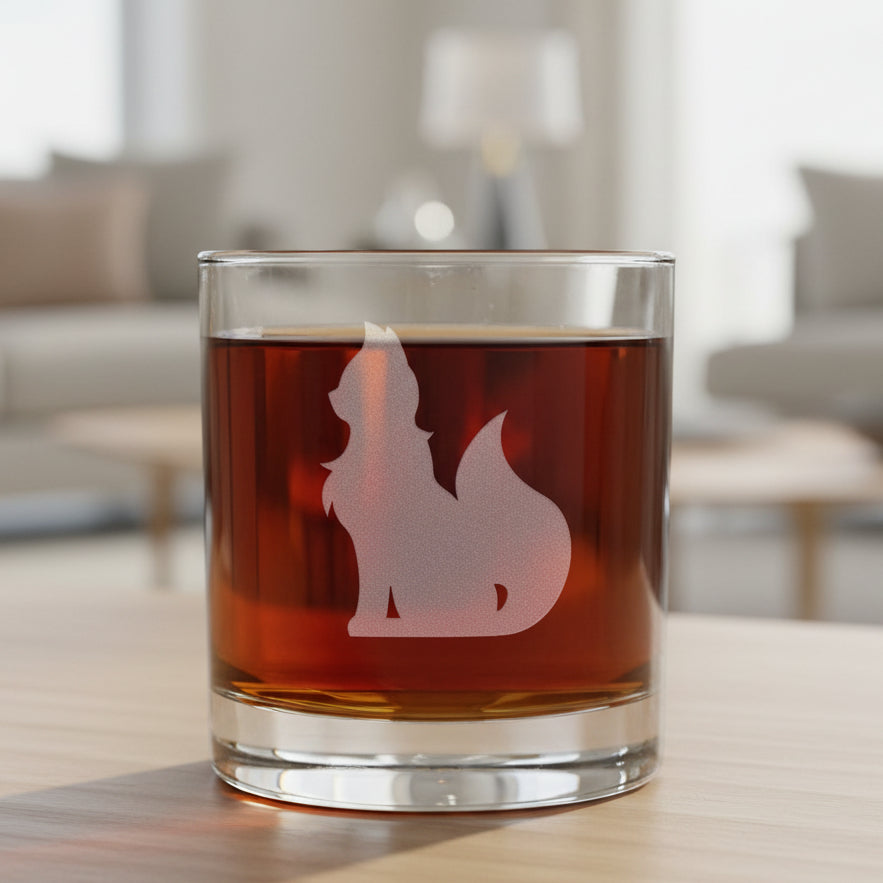 A clear glass rocks tumbler filled with an amber-red drink, featuring an etched cat silhouette on the front, set against a living room.