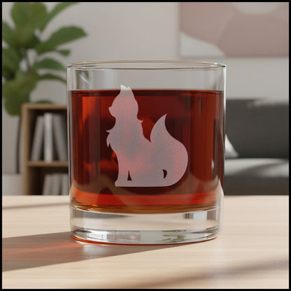A clear glass rocks tumbler filled with an amber-red drink, featuring an etched sitting cat silhouette on the front.
