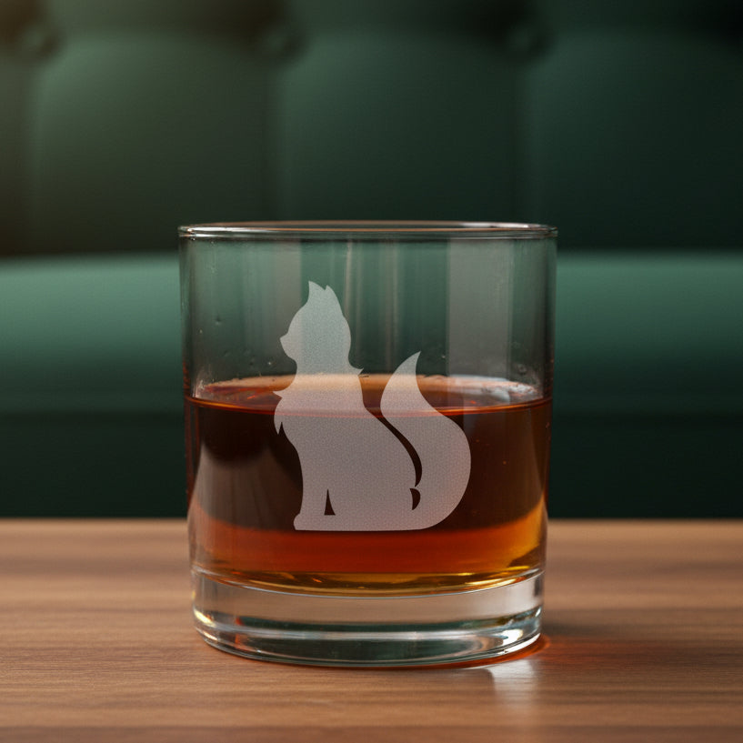 A clear glass rocks tumbler filled with an amber-red drink, featuring  an etched cat silhouette silhouette on the front, set against a textured gray background.