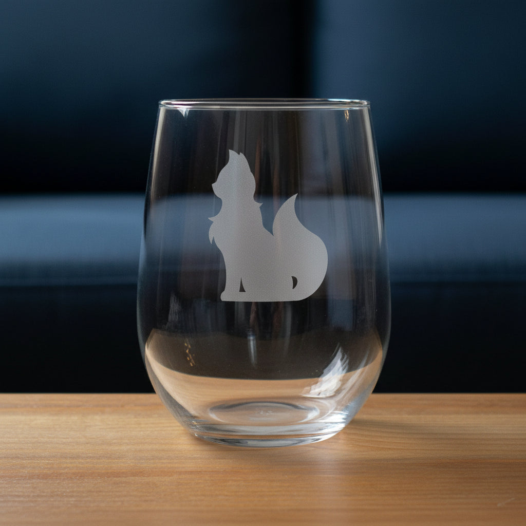 A clear stemless wine glass with an etched silhouette of a cat, shown on a wooden surface with couch in the background.
