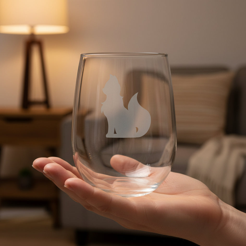A clear stemless wine glass with an etched silhouette of a cat, shown on a wooden surface with a living room in the background.
