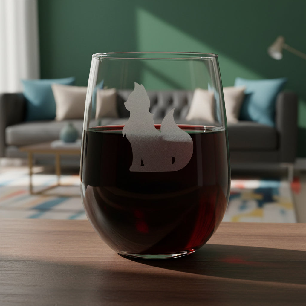 A clear stemless wine glass with an etched silhouette of a cat, shown on a wooden surface with a living room in the background.