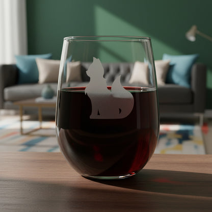 A clear stemless wine glass with an etched silhouette of a cat, shown on a wooden surface with a living room in the background.