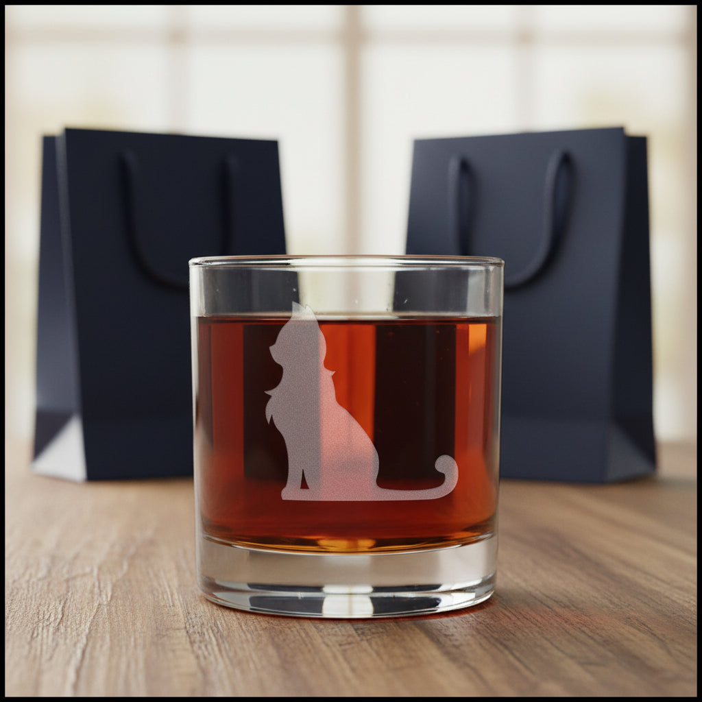 Cat 11oz Whiskey Glass - Hand Etched Feline Glass with Personalization
